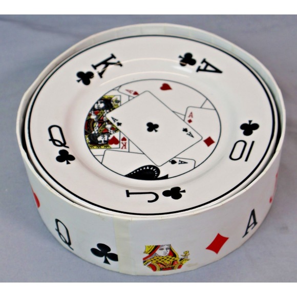 Playing Cards Poker Casino Theme Dessert Plates Set of 4 Ceramic Dishes White - Picture 4 of 4